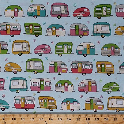 Cotton On the Road Metallic Campers Trailers Camping Aqua Retro Co...