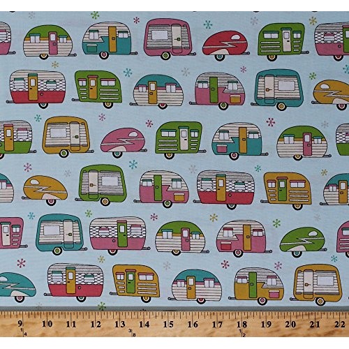 Cotton On the Road Metallic Campers Trailers Camping Aqua Retro Co...