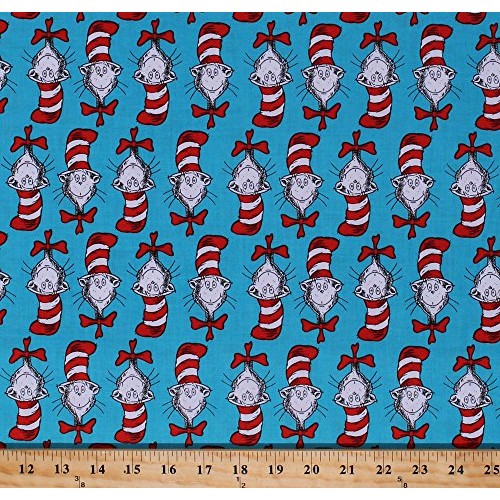 Cotton The Cat in The Hat Faces Allover on Blue Dr Seuss Celebrati...