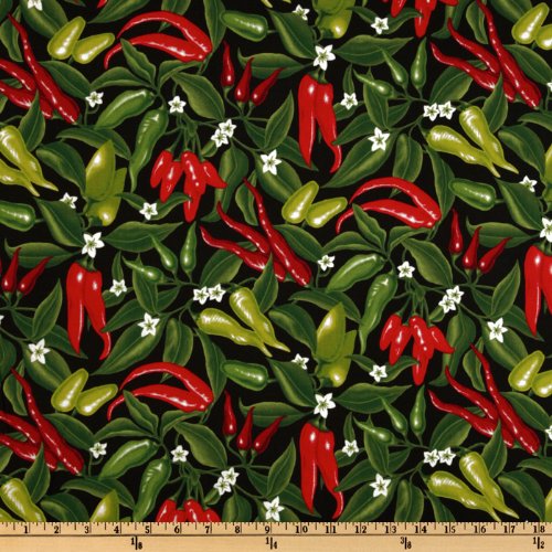 Robert Kaufman Salsa Picante Red Hot Peppers Black Fabric By The Yard