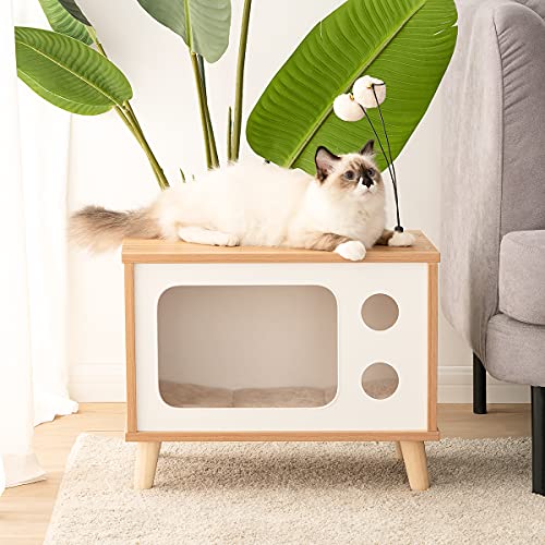Cat House Wooden Cat Condo Cat Bed Indoor TV-Shaped Sturdy Large L...