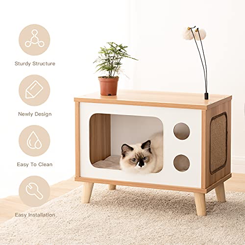 Cat House Wooden Cat Condo Cat Bed Indoor TV-Shaped Sturdy Large L...