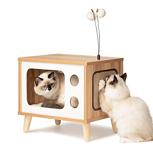 Cat House Wooden Cat Condo Cat Bed Indoor TV-Shaped Sturdy Large L...