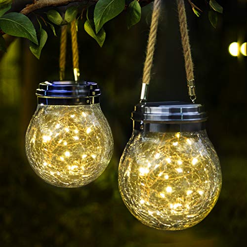 ROSHWEY Hanging Solar Lights 2 Pack 30 LED Crackled Glass Ball War...