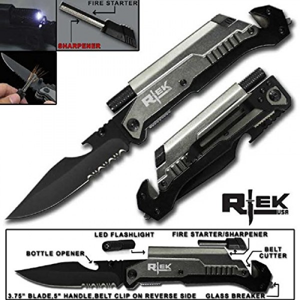 9 Tactical Spring Assisted Red Survival 7 in 1 Rescue Pocket Knif...