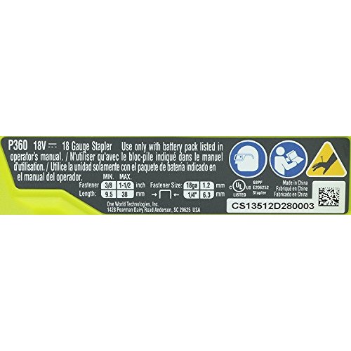Ryobi P360 18 Volt Lithium Ion One+ 3/8 - 1 1/2 Inch Crown Stapler...