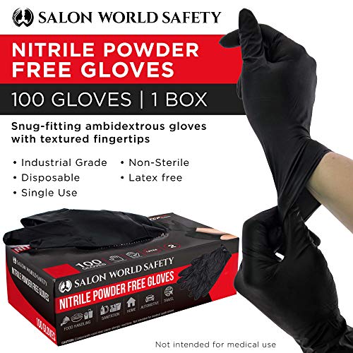 Salon World Safety Black Nitrile Disposable Gloves, Box of 100, Si...
