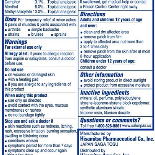 Salonpas Pain Relieving Patch for Back, Neck, Shoulder, Knee Pain ...