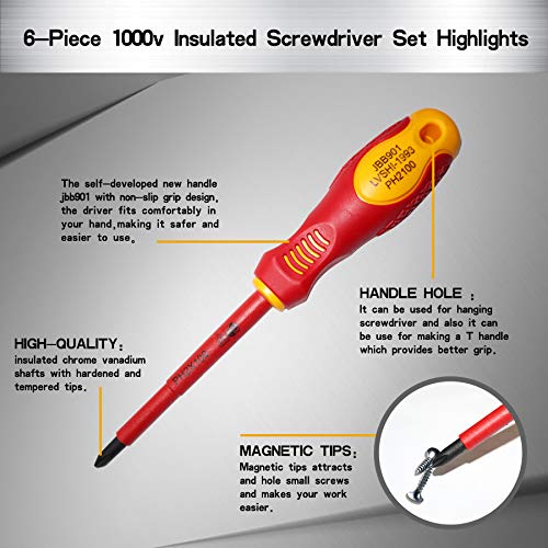 6 Piece Insulated Screwdriver Set, 1000V VDE Insulated Electrician...