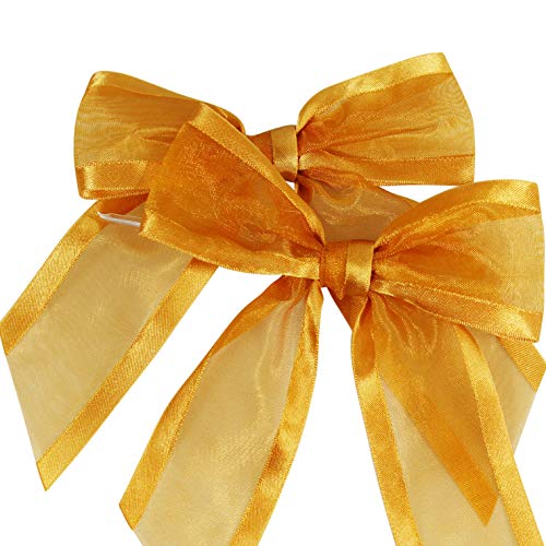 Gold Pre-Tied Organza Bows with Twist Ties. Pack of 12 Satin-Edged...