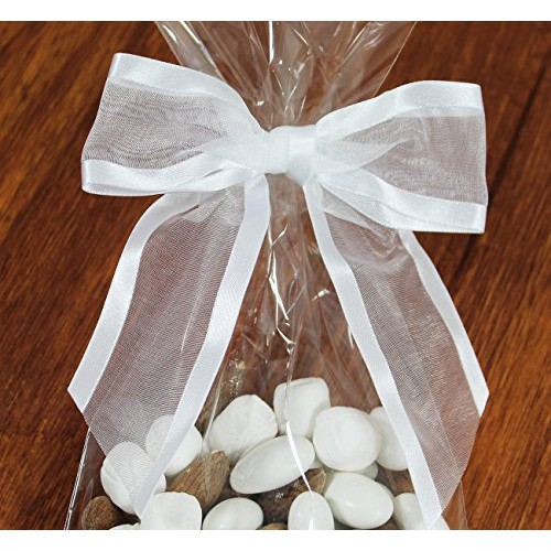 White Pre-Tied Organza Bows with Twist Ties. Pack of 12 Satin-Edge...