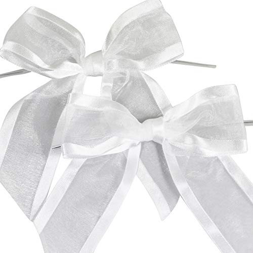 White Pre-Tied Organza Bows with Twist Ties. Pack of 12 Satin-Edge...