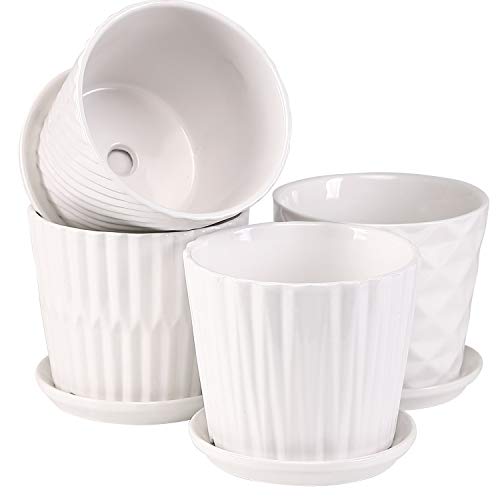 Plant Pots - 5.5 Inch Cylinder Ceramic Planters with Connected Sau...