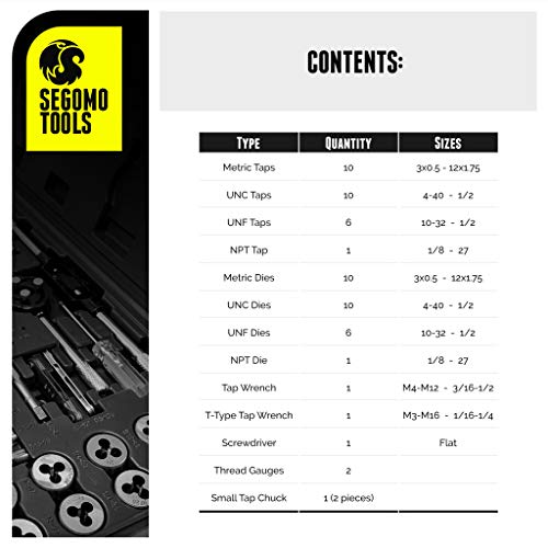 Segomo Tools 60 Piece Metric & SAE Threading Tap & Die Tool Set wi...