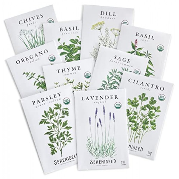 Sereniseed Certified Organic Herb Seeds Collection (10-Pack) – 100...