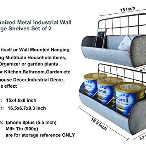 ShabbyDecor Galvanized Metal Industrial Wall Storage Holder, Set o...