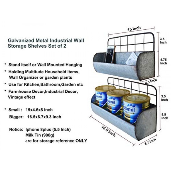 ShabbyDecor Galvanized Metal Industrial Wall Storage Holder, Set o...