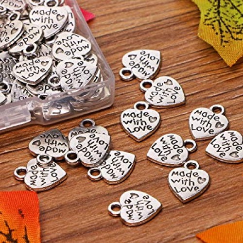 Shapenty 100PCS Mini Metal Beads Heart Shaped “Made with Love” Cha...