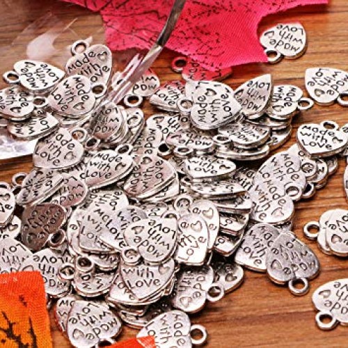Shapenty 100PCS Mini Metal Beads Heart Shaped “Made with Love” Cha...