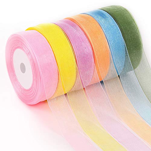 6 Rolls Sheer Chiffon Ribbon Organza Satin Ribbon Transparent Chif...
