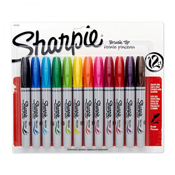 Sharpie 1810704 Permanent Markers, Brush Tip, Assorted, 12 Pack