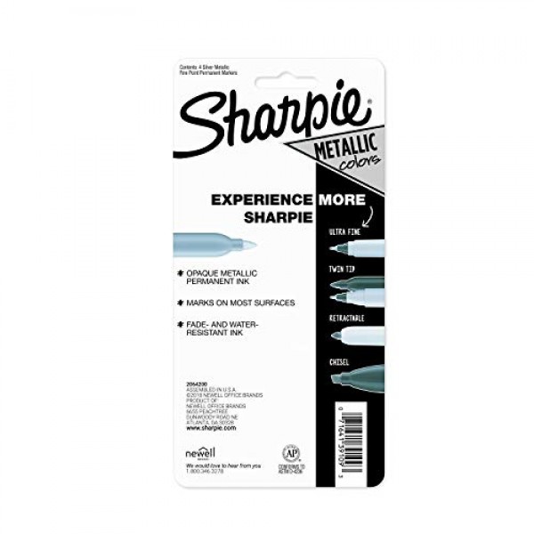 Sharpie 39109PP Metallic Permanent Markers, Fine Point, Silver, 4 ...
