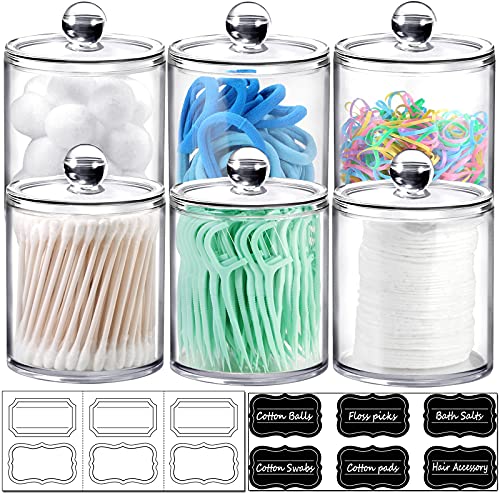 6 Pack of 12 Oz. Qtip Dispenser Apothecary Jars Bathroom with Labe...