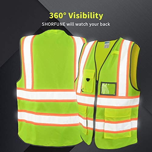 SHORFUNE High Visibility Safety Vest with Pockets, Mic Tab, Reflec...