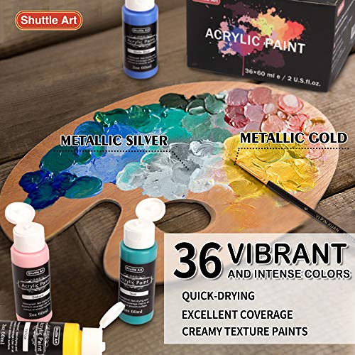 Acrylic Paint Set, Shuttle Art 36 Colors 60ml, 2oz with 3 Brushe...