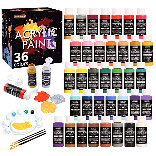 Acrylic Paint Set, Shuttle Art 36 Colors 60ml, 2oz with 3 Brushe...