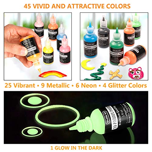 Fabric Paint, 45 Colors 3D Fabric Permanent Paint with 3 Brushes 1...