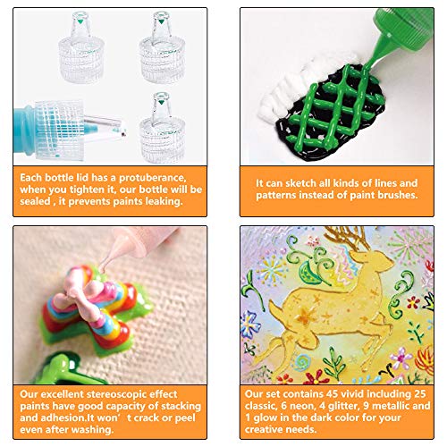 Fabric Paint, 45 Colors 3D Fabric Permanent Paint with 3 Brushes 1...