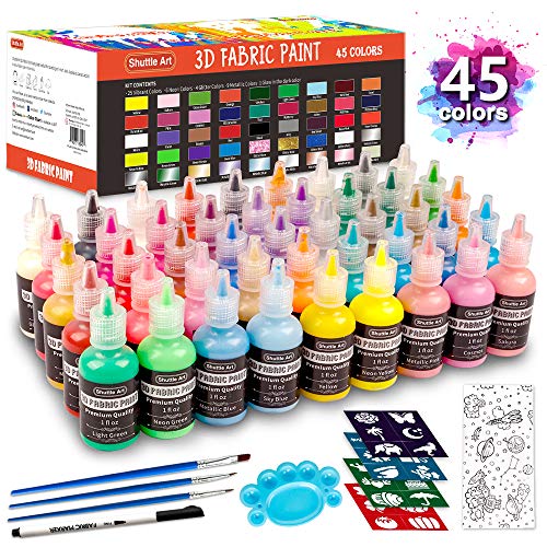 Fabric Paint, 45 Colors 3D Fabric Permanent Paint with 3 Brushes 1...