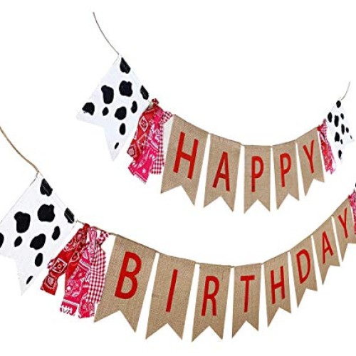 Farm Theme Birthday Banner, Burlap Barn Party Sign, Cow Print Fabr...