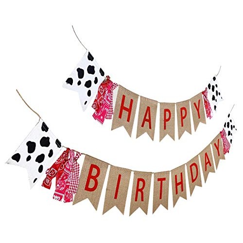 Farm Theme Birthday Banner, Burlap Barn Party Sign, Cow Print Fabr...