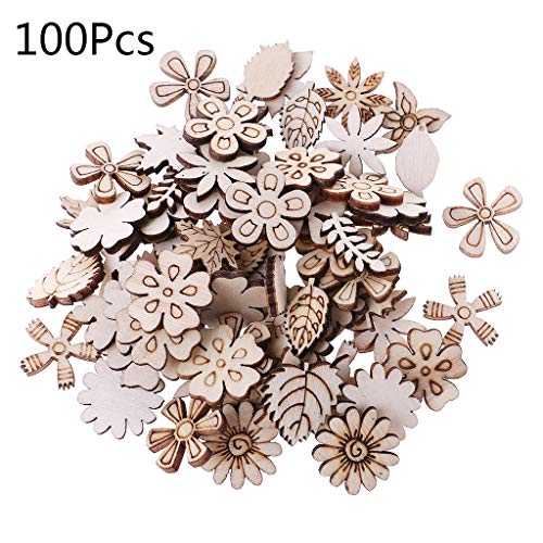 Simdoc 100pcs Wooden Flowers and Leaves Embellishment Wooden Shape...