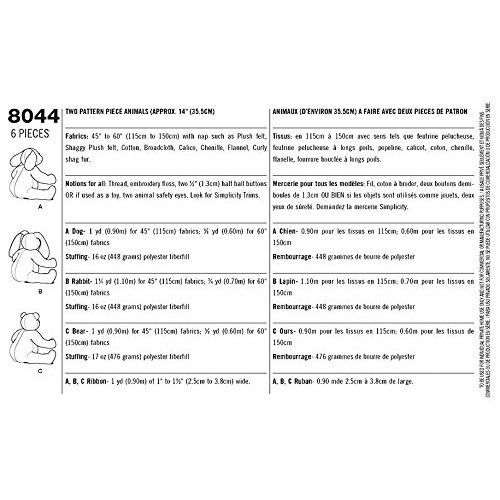 Simplicity US8044OS Childrens Stuffed Animal Toy Sewing Pattern, ...