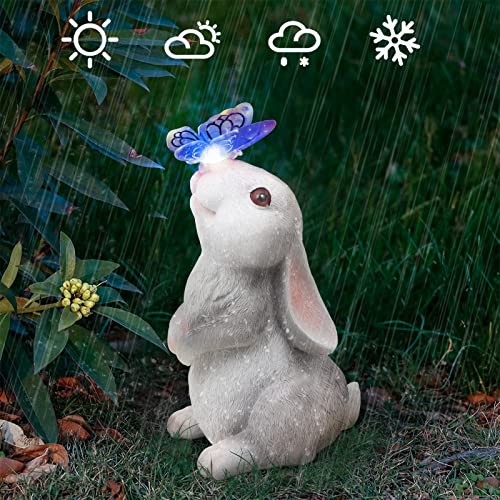 Sinhra Garden Statue Outdoor Decor-Rabbit with Solar Butterfly Cha...
