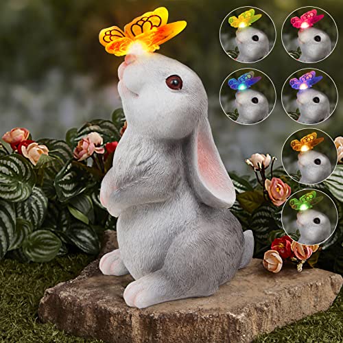 Sinhra Garden Statue Outdoor Decor-Rabbit with Solar Butterfly Cha...