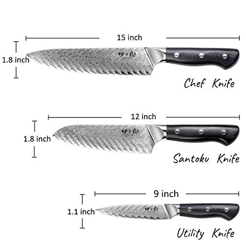 SIXILANG Damascus Kitchen Knife Set 3 Piece, 67 Layer Handmade Jap...
