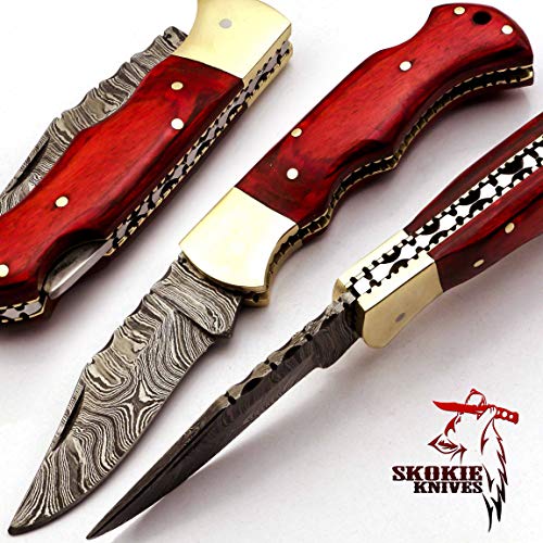 Skokie Knives Custom Hand Made Damascus Steel Hunting Folding Knif...