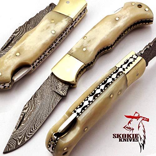Skokie Knives Custom Hand Made Damascus Steel Hunting Folding Knif...