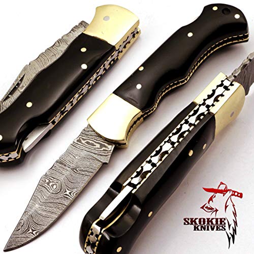 Skokie Knives Custom Hand Made Damascus Steel Hunting Folding Knif...