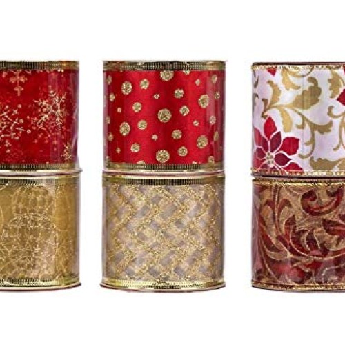 Slideep Wired Christmas Holiday Ribbon - 6 Rolls Assorted Fabric C...