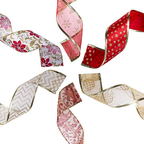 Slideep Wired Christmas Holiday Ribbon - 6 Rolls Assorted Fabric C...