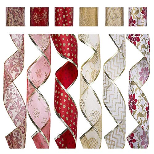 Slideep Wired Christmas Holiday Ribbon - 6 Rolls Assorted Fabric C...