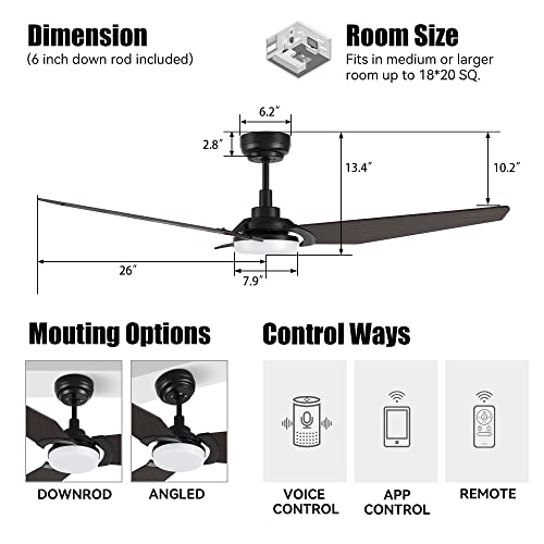 52 Inch Smart Ceiling Fan with Light, 3 Blade Low Profile Ceiling ...