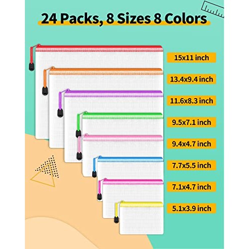 Smarpau 24pcs Mesh Zipper Pouch, 8 Sizes 8 Colors Plastic Zipper P...