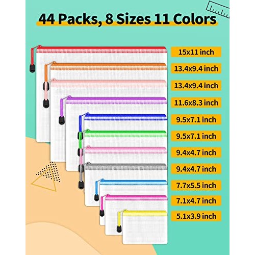 Smarpau 44pcs Mesh Zipper Pouch, 8 Sizes 11 Colors Plastic Zipper ...