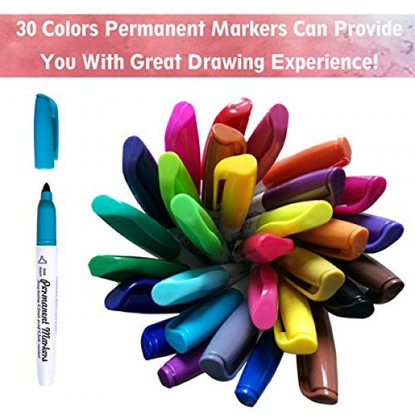 Permanent Marker, 30 Colors Fine Point Permanent Markers, Works We...